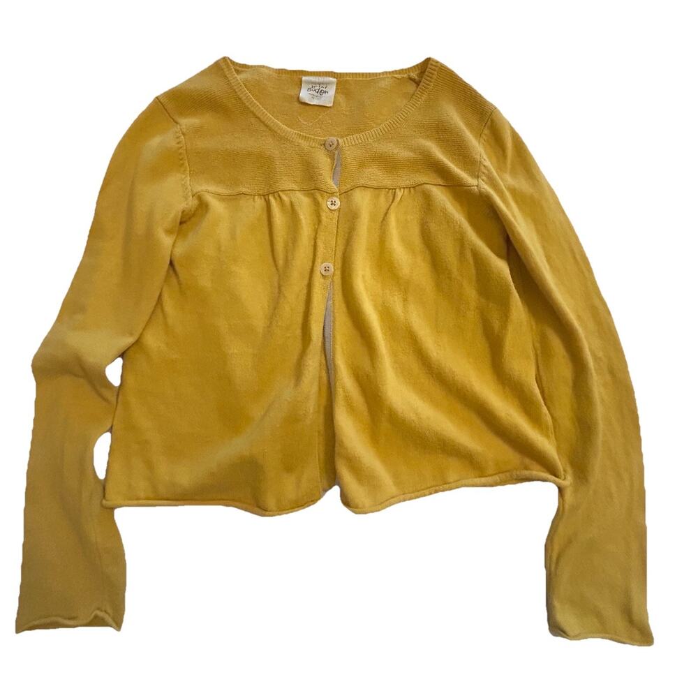 Mini Boden Mellow Yellow Girls Sz 11-12y Cardigan Short Sweater Tan Tape Trim